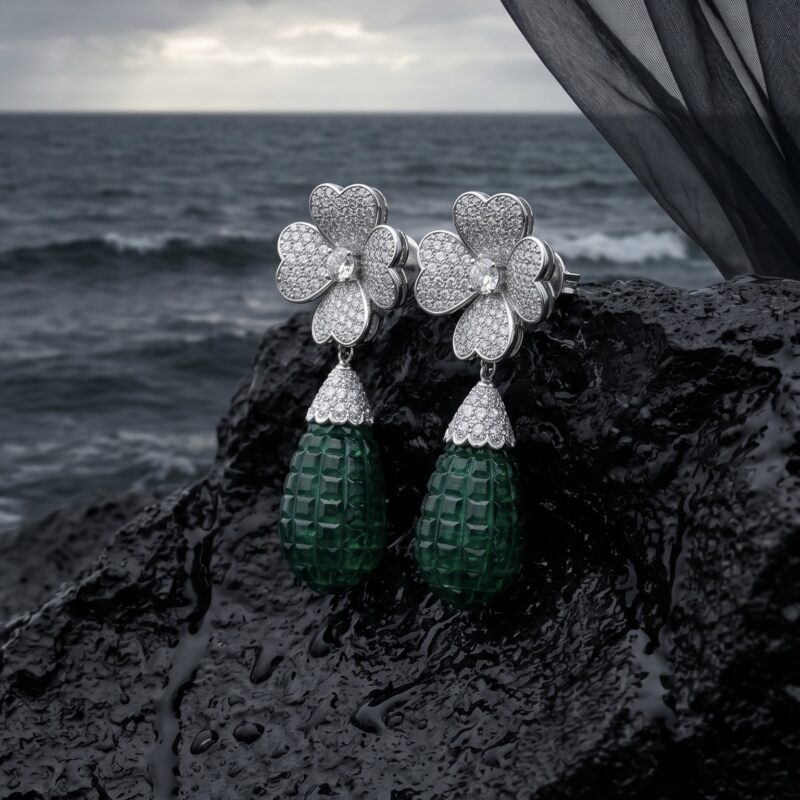 Bindu Floral Drop Earrings - 925 Sterling Silver - Indraja Fine Jewels - Mumbai