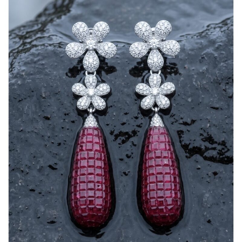 Ritu Double Flower Drop Earrings - 925 Sterling Silver - Indraja Fine Jewels - Mumbai
