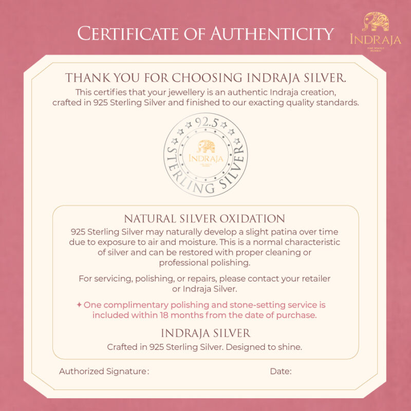 Authenticity Certificate - 925 Sterling Silver - Indraja Fine Jewels - Mumbai